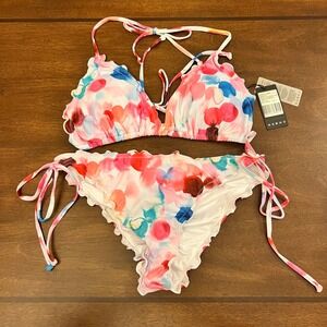 Bikini Set Polka Dot Ruffle Trim Triangle Top Tie Side Bottoms 2XL